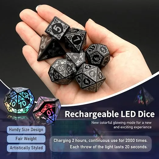 LED Dice Set of 7, DND Dice Rechargeable with Charging Box, Shake to Light Up Colorful Dice, ZHOORQI Dungeon and Dragons Dice USB Port Charging, Role Playing Dice for D&D Table Games(Coloured Light)