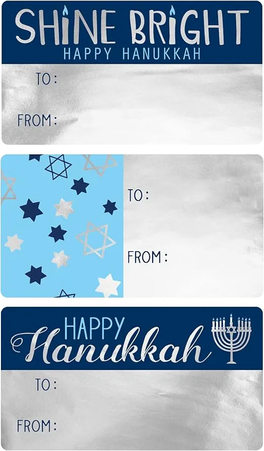 Hanukkah Gift Tags, Peel and Stick Metallic Silver Foil Gift Wrap Tags - 75 Count, Hanukkah Gift Wrapping Paper Supplies