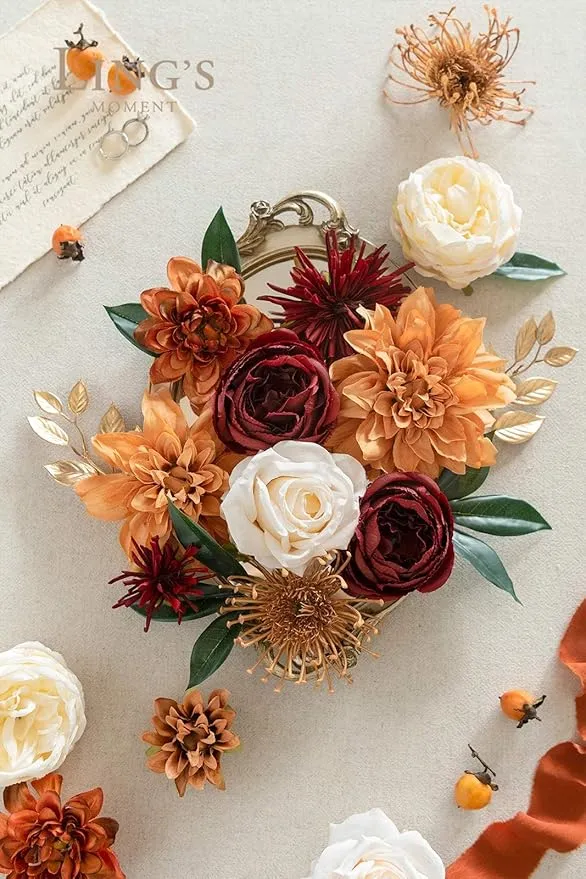 Ling's Moment Fall Terracotta Artificial Flowers Greenery Grand Box Set, Burnt Orange Fake Flower for DIY Wedding Bridal Bouquet, Centerpieces Decor, Floral Arrangement Decor, etc.