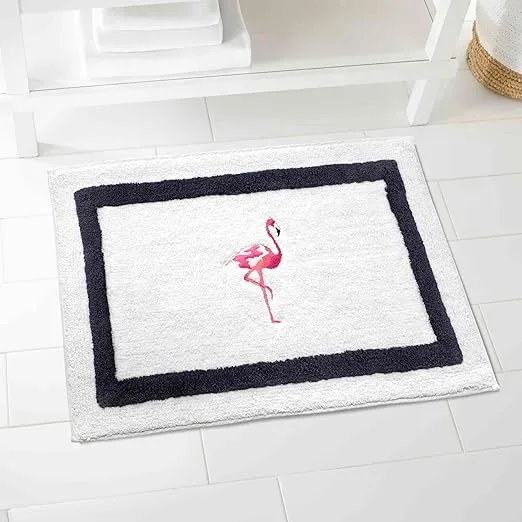 IZOD - Bath Mat, Cotton Bath Rug with Non-Skid Latex Backing, Embroidered Bath Decor, Dorm Room Essentials (Flamingo White, 20" x 32")