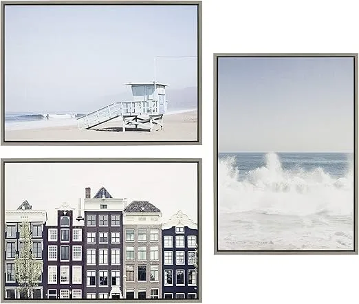 Kate and Laurel Sylvie Waves Crashing Framed Canvas Wall Art by Caroline Mint, 23x33 Gray, Chic Coastal Wall Decor