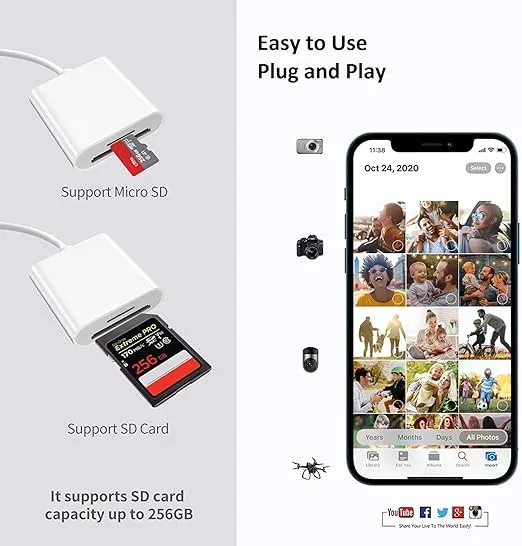 [Apple MFi Certified] Lightning to SD Card Camera Reader for iPhone iPad, Dual Card Slot for iPhone iPad SD/Micro SD Memory Card Reader Adapter, Trail Game Camera Viewer, No App Required Plug and Play