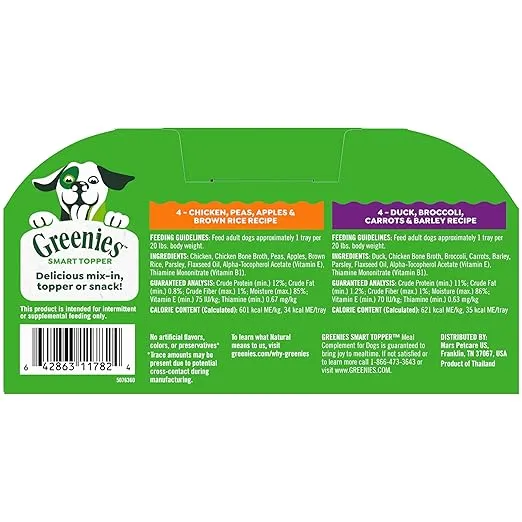 Greenies Smart Topper High Protein Wet Mix-in for Dogs, Chicken, Peas, Apples, and Brown Rice Recipe & Duck, Broccoli, Carrots and Barley Recipe Variety Pack with Whole Grains, 2oz. 8 Trays