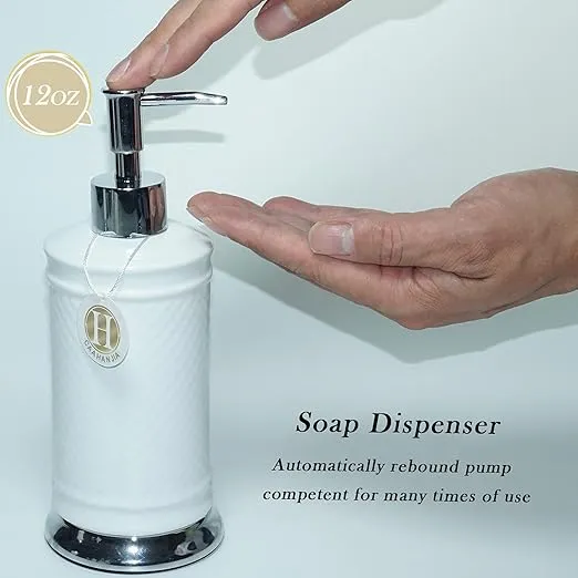 Bathroom Accessories Set 4 Pcs-Ceramic Gift Set Soap Dispenser Pump & Toothbrush Holder & Tumbler Cup & Soap Dish - Bathroom Home Decor Clearance, Countertop Vanity Organize (White03)