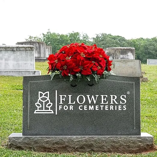 Sympathy Silks Artificial Cemetery Flowers - Winter Memorial Flowers - Christmas Poinsettias - Red Poinsettias Saddle for Headstone