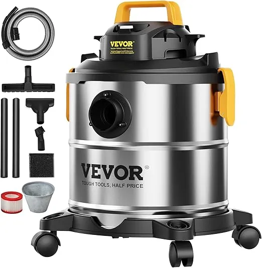 VEVOR Stainless Steel Wet Dry Shop Vacuum, 5.5 Gallon 6 Peak HP Wet/Dry Vac, Powerful Suction with Blower Function w/Attachment 2-in-1 Crevice Nozzle, Small Vac Perfect for Carpet Debris, Pet Hair
