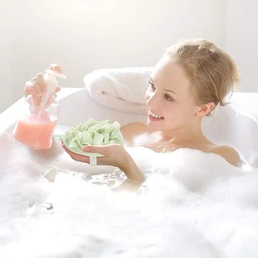 Boao 6 Pieces Bath Shower Pouf Sponge Mesh Pouf Shower Ball Exfoliating Body Sponge Pad Shower Scrubber Ball Shower Glove with Flower Bath Ball (Beige, Green, Purple)