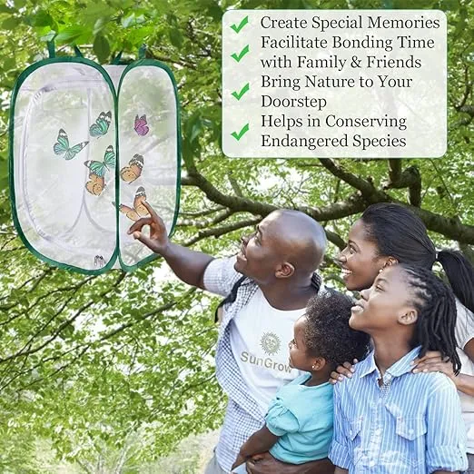 SunGrow Foldable Butterfly Habitat, 24" Butterfly Cage for Caterpillars, Create Butterfly Farm, Enclosure for Breeding Soldier Fly, Ladybug, Dragonfly, or Housefly for Chicken and Reptile Feed, Green