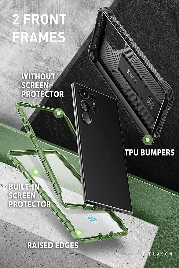 i-Blason for Samsung Galaxy S23 Ultra Case with Stand, [2 Front Frames] [Built-in Screen Protector] [Belt Clip Holster], Military-Grade Shockproof Rugged Phone Case for Samsung Galaxy S23 Ultra, Green