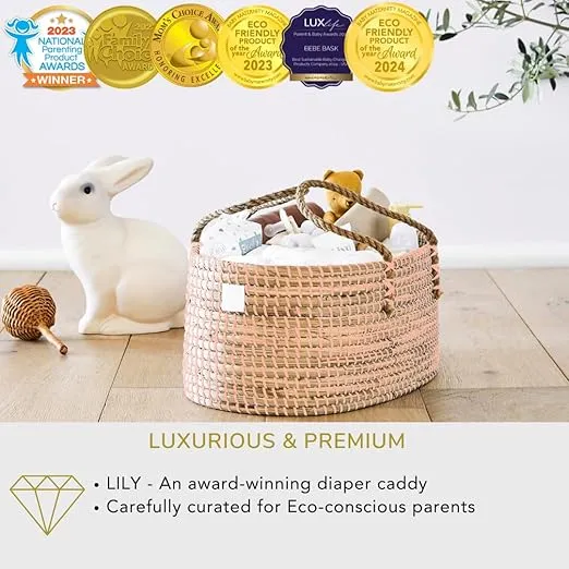 Baby Diaper Caddy Organizer - Handmade Organic Seagrass - Luxury Pink Diaper Caddy Basket - Cute Diaper Caddy for Baby Girl - Baby Girl Diaper Caddy (Blush)