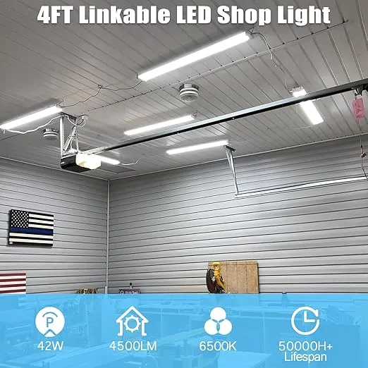 Linkable LED Shop Light 4FT, 6500K Daylight White LED Shop Light for Garage, 4500LM Super Bright Shop Light for Workshop, Garage, Shop