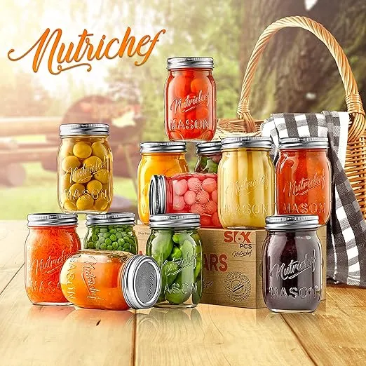 NutriChef 12-Pack 16 oz Mason Jars with Lids - Thick Glass Canning Jars with Stainless Steel Lids - Ideal for DIY Spices, Meal Prep, Overnight Oats, Jelly, Jam, Honey, Candles, Crafts, & More