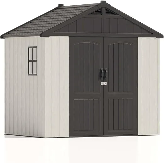 VICTONE Resin Outdoor Storage Shed 8 x 6 FT, with Floor Shed, Plastic Shed with Window and Lockable Door, Ideal for Garden, Backyard, and Tool Storage. Gray and White