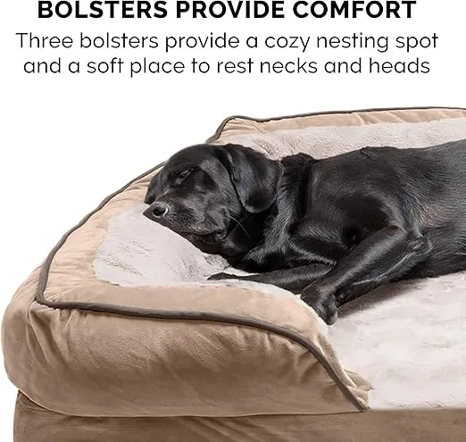 Furhaven Orthopedic Dog Bed for Medium/Small Dogs w/ Removable Bolsters & Washable Cover, For Dogs Up to 35 lbs - Plush & Velvet Waves Perfect Comfort Sofa - Brownstone, Medium