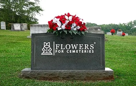Sympathy Silks Artificial Cemetery Flowers - Christmas Poinsettias - Outdoor Grave Decorations - Red and White Poinsettias Saddle for Headstone