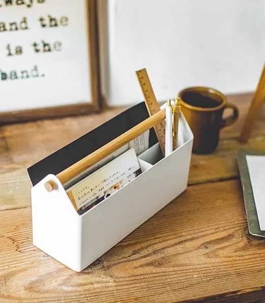 Yamazaki 4152 TOSCA Pen & Letter Stand, white, Steel/Wood, Minimalist, 27 x 8.5 x 13.5 cm