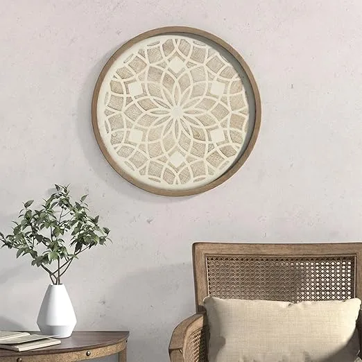 Madison Park Wall Art Living Room Décor - Leah Wood Medallion Boho Round Design, Home Accent Modern Kitchen Dining Decoration, Ready to Hang Panel for Bedroom, Dia 27"x 1.25"D, Natural/White