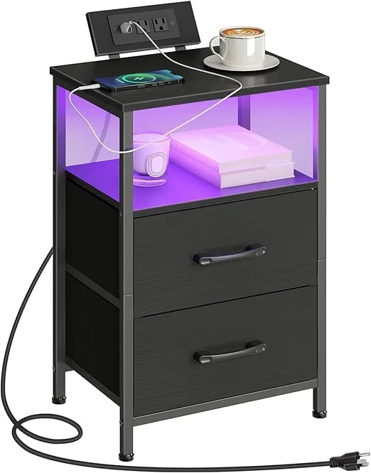 HOOBRO Nightstand with Charging Station, Bedside Table with LED Lights and 2 Fabric Drawers, End Table with Outlets and USB Ports, Small Night Stand for Bedroom, Black BB118UDBZ01