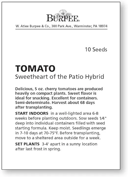 Burpee 'Sweetheart of the Patio', Red Cherry Tomato, 10 Non-GMO Seeds