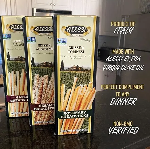 Alessi Imported Breadsticks, Thin Autentico Italian Crispy Bread Sticks, Low Fat Made with Extra Virgin Olive Oil, 3oz (Thin, 3 Ounce (Pack of 12))