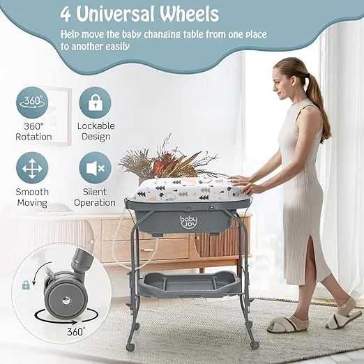 BABY JOY Baby Bathtub with Changing Table, Foldable Infant Diaper Changing Station with Storage Tray, Waterproof Pad, Portable Newborn Nursery Organizer Bath Stand with 4 Universal Wheels (Gray)