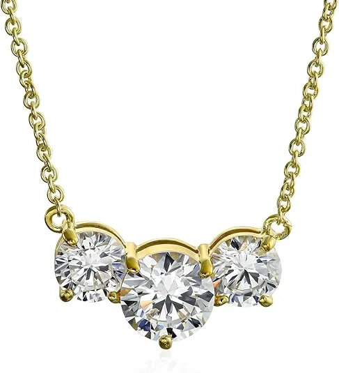 Bling Jewelry Bridal Classic Delicate Solitaire Cubic Zirconia AAA CZ 2CTW Three Stone Past Present Future Necklace Choker Collar for Women Teens Prom 14K Gold or Silver Plated Brass