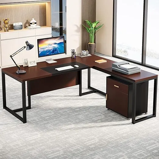 Tribesigns 70.8-Inch Executive Desk with File Cabinet, Large L Shaped Computer Desk with Storage Cabinet, L Shaped Desk with Drawer Cabinet, Dark Walnut & Black