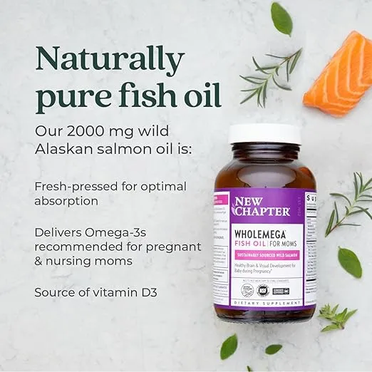 New Chapter Wholemega for Moms Fish Oil Supplement - Prenatal DHA with Omega-3 + Vitamin D3 for Prenatal & Postnatal Support - 180 ct, 500mg Softgels