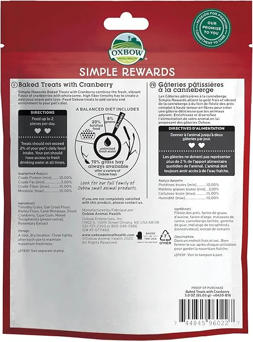 Oxbow Simple Rewards Baked Treats with Cranberry and Hay for Rabbits, Guinea Pigs, Chinchillas, and Small Pets