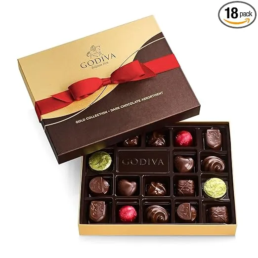 Godiva Chocolatier Holiday Assorted Gourmet Chocolate Gold Gift Box, Creamy Dark Chocolate with Lucious Caramel, Treats for Thank you, Anniversary, Christmas Candy Gift for Family and Friends, 18 pc