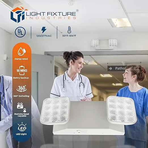 Emergency Lights for Business, LED Emergency Light Hardwired with Battery Backup, UL Listed, Adjustable LED Heads, White Housing, Remote Head Capable, Commercial Indoor Lighting