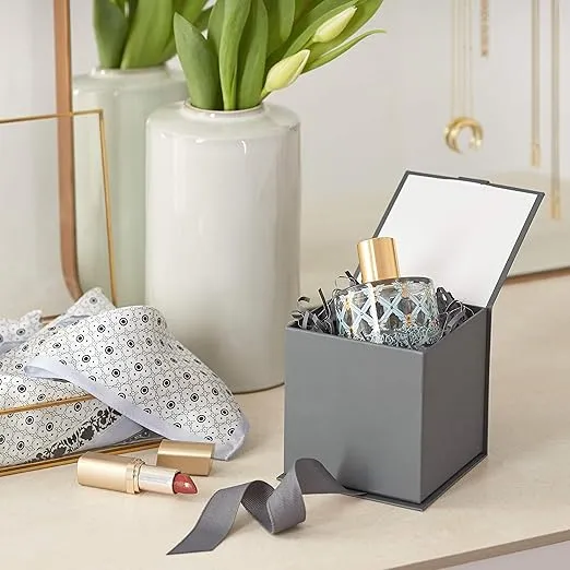 Hallmark Small Gift Box with Bow and Shredded Paper Fill (Gray 4 inch Gift Box) for Weddings, Graduations, Birthdays, Father's Day, Groomsmen Gifts, All Occasion