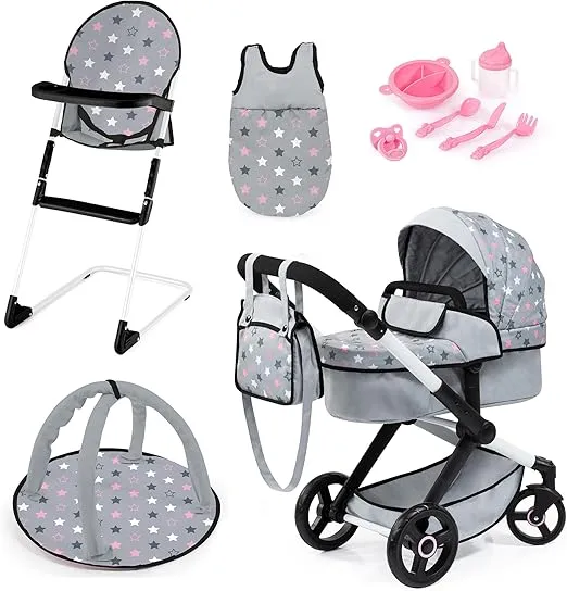 Bayer Design Dolls: Xeo 11 Piece Set - Grey, Pink, Stars - Pram, High Chair, Play Gym, Handbag & Accessories for Dolls Up to 18", Kids Toy, Ages 3+