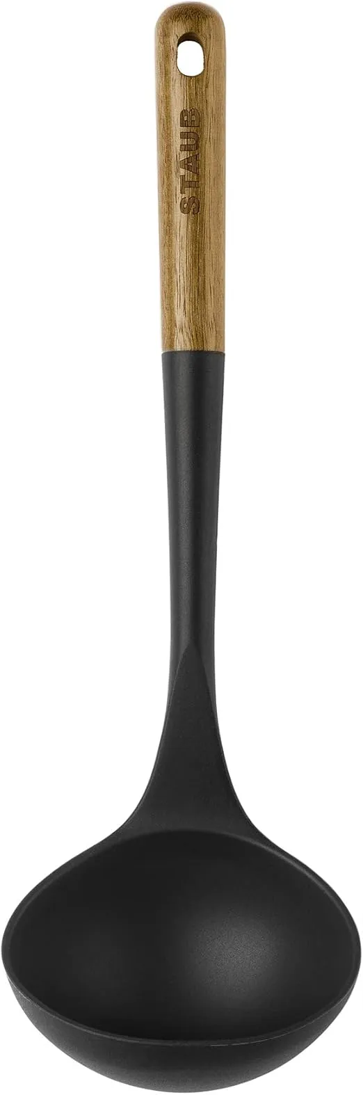 STAUB Soup Ladle, Perfect for Serving Hot Soup, Portion Batter for Pancakes, and Sauce Pasta, Durable BPA-Free Matte Black Silicone, Acacia Wood Handles, Safe for Nonstick Cooking Surfaces