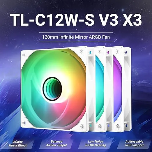 Thermalright TL-C12W-S V3 Case Fan 120mm ARGB CPU Cooler Fan Comes with ARGB Mirror Light Effect,PC PWM Silent Fan with 1500RPM Speed, White CPU Cooling ARGB Fan(Kit Fans)