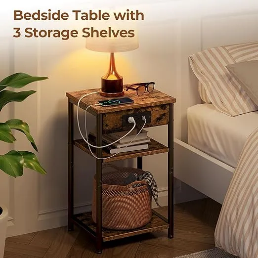 Rolanstar End Table with Charging Station, Night Stand with 3 Storage Shelves, Small Side Table for Small Space, Narrow Bedside Table for Living Room, Bedroom, Rustic Brown