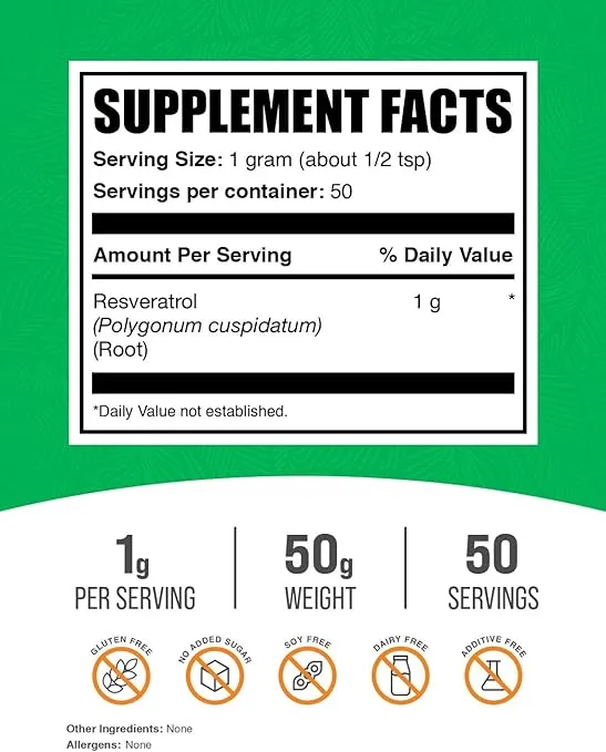 BulkSupplements.com Resveratrol Powder - Resveratrol Supplement, Polygonum Cuspidatum, Resveratrol 1000mg - Antioxidant & Gluten Free, 1000mg per Serving, 50g (1.8 oz) (Pack of 1)