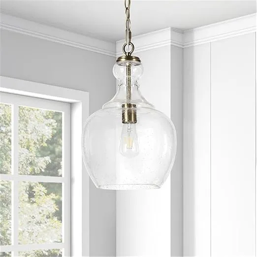 Henn&Hart 11" Wide Pendant with Glass Shade in Brass/Seeded, Pendant, Flush Mount Ceiling Light Fixture for Kitchen, Living Room