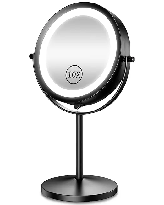Benbilry Lighted Makeup Mirror, 1x/10x Magnifying Double Sided LED Vanity Mirror with Lights and Magnification, Battery Operated 360° Swivel 7” Cordless Shaving Mirror for Bathroom Bedroom Black