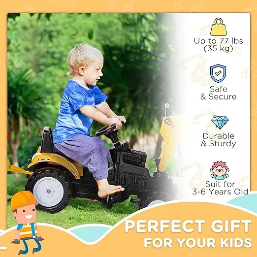 Aosom Digger Ride-on Truck Kids Car with Horn, Excavator Ride-on Toy, Imaginative Toy Construction Car, 6 Wheels & Detachable Trailer, Yellow