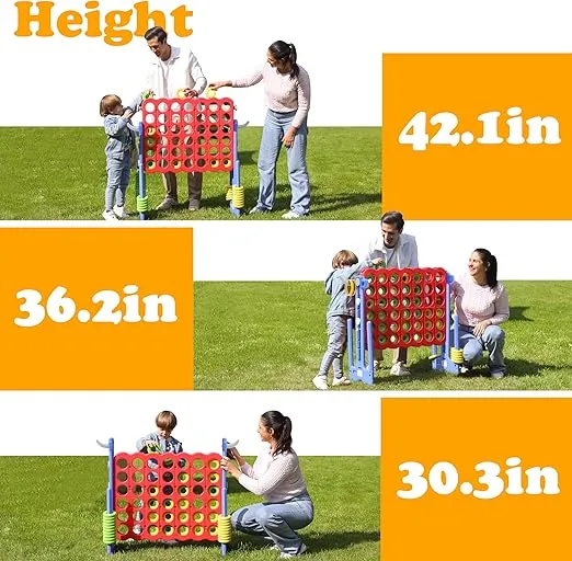 SDADI Height Adjustable Giant 4 in a Row Connect Game, 2-in-1 Jumbo 4-to-Score Game with Ring Toss Game Set, Indoor Outdoor Yard Game Party Game for Kids Adults and Family, Blue