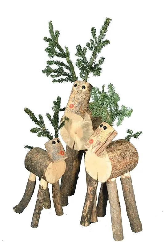 Handmade Log Reindeer Family Set of 3
