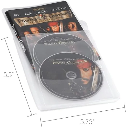 Atlantic 25 Pack Movie Sleeves - Clear Sleeve hold two discs each, Protects Discs Against Scratches and Dust