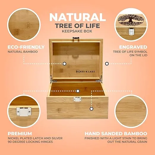 Blake & Lake Tree of Life Wooden Box - Wood Keepsake Box with Hinged Lid and Metal Latch Bamboo Storage Boxes with Lid Engraved Tree Design Gift Box Treasure (Natural Bamboo)