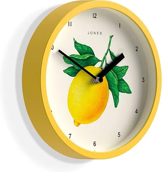 JONES CLOCKS® Fruit Clock - Round Clock - Small Clock - Kitchen Clock - Office Clock - Modern Design - Designer Clock - Colourful Case - Fruit Art - Fruit Wall Clock (Lemon)