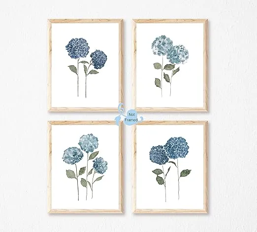 XUOIAYNB Watercolor Blue Flower Art Print-Blossom Hydrangea Floral Canvas Wall Art-(8”X10”X4 pcs, Unframed)-Perfect for Living Room Girl Bedroom Decor
