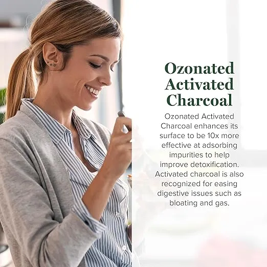 Global Healing Ozonated Activated Charcoal Powder - Advanced Digestive Detox That Adsorbs Internal Unwanted Compounds - Helps Relieve Occasional Gas Discomfort - 60 Activated Charcoal Pills