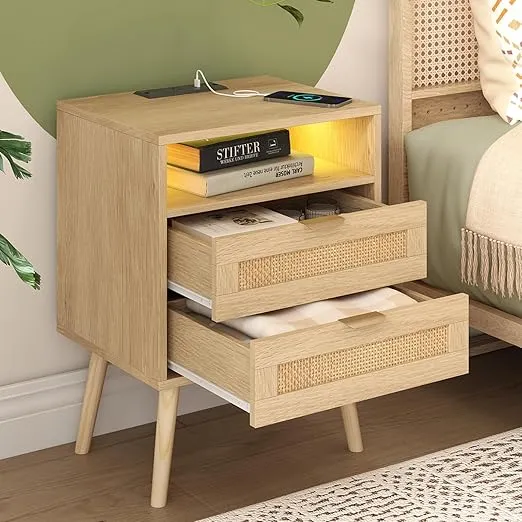 Rattan Nightstand with Charging Station USB Port Led Lights and 2 Storage Drawers, Bedroom Furniture Night Stand Bedside Table Bed Side Table End Table Sofa Table (1 Pack)