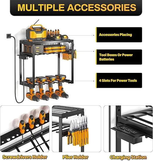 Power Tool Organizer Wall Mount, 3 Layers Drill Holder With Charging Station, Heavy Duty Garage Tool Storage,Utility Racks Shelf for Tool Batteries, Screwdriver, Wrench
