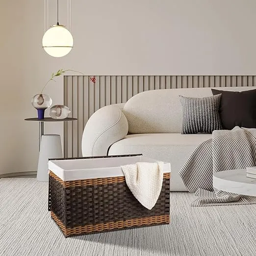 OIAHOMY Extra Large Storage Basket with Lid, 42.3 Gallon (160L) Blanket Basket with Removable Liner Bag, Wicker Basket with Handle, Foldable, Handwoven Basket for Bedroom, Living Room, Brown